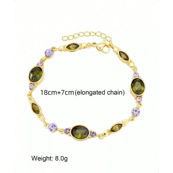 Gold Gemstone Link Bracelet Smlated Peridot & Amethyst Crystal Multicolor Charm - Picture 5 of 5